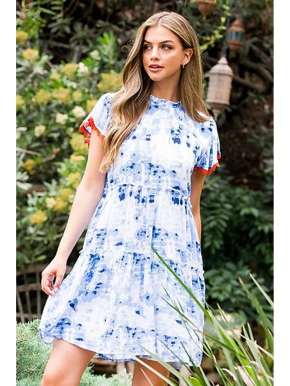 THML White and Blue Tie-Dye Mini Dress with Orange Trim